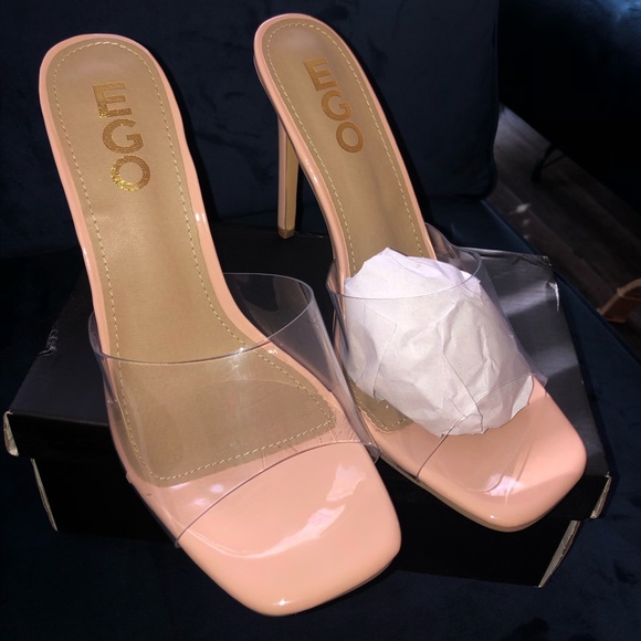 NEW EGO Shoes-NUDE SQUARE PEEP TOE CLEAR PERSPEX HEEL MULE IN PATENT (Size US 8) - Picture 5 of 6